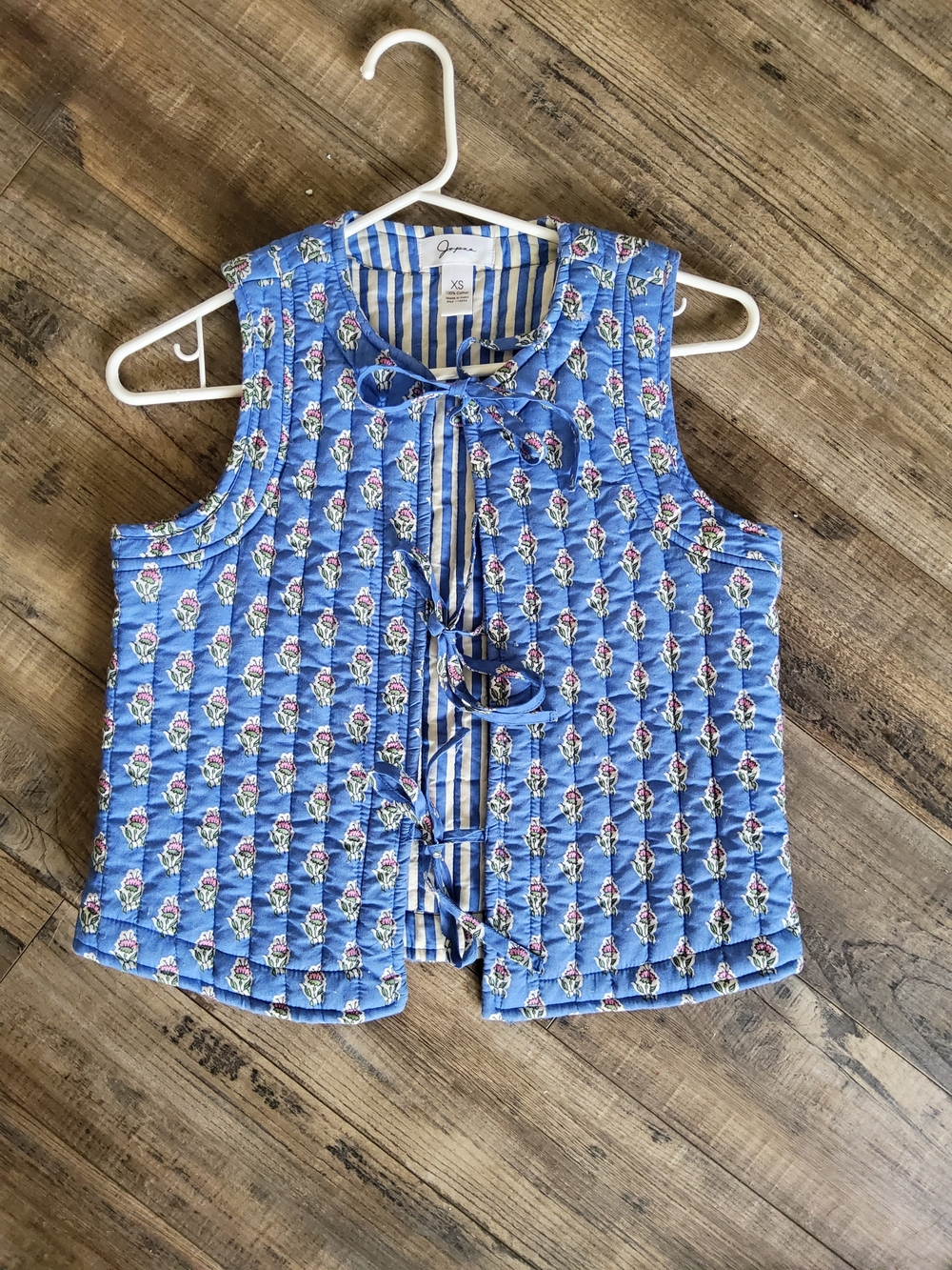 Blue Quilted Floral Tie-Front Vest